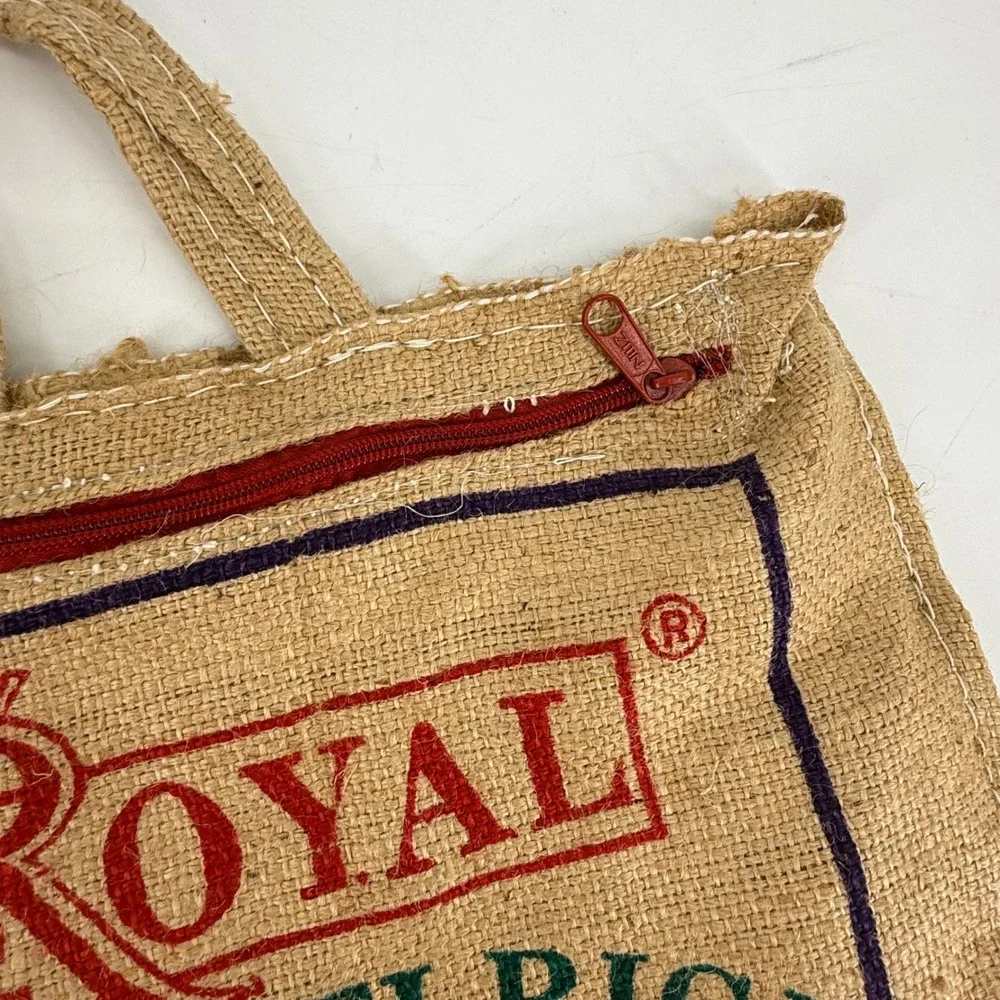 Vintage‎ Royal Basmati Rice Upcycled Burlap Jute Tote Bag Zipper Top Reusable